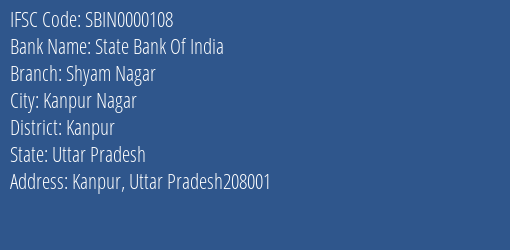 State Bank Of India Shyam Nagar Branch IFSC Code