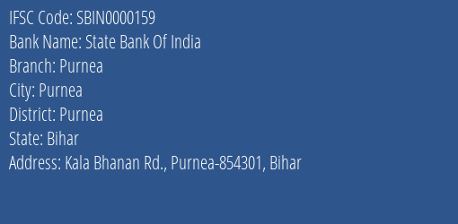 State Bank Of India Purnea Branch, Branch Code 000159 & IFSC Code Sbin0000159