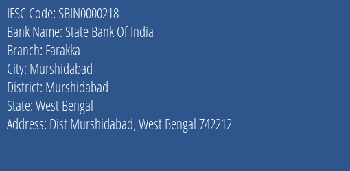 State Bank Of India Farakka Branch Murshidabad IFSC Code SBIN0000218