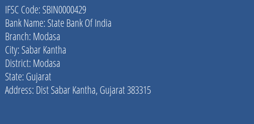 State Bank Of India Modasa Branch, Branch Code 000429 & IFSC Code SBIN0000429