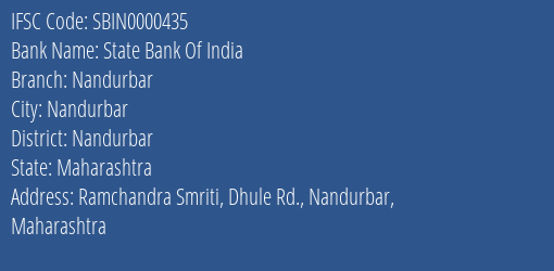State Bank Of India Nandurbar Branch Nandurbar IFSC Code SBIN0000435
