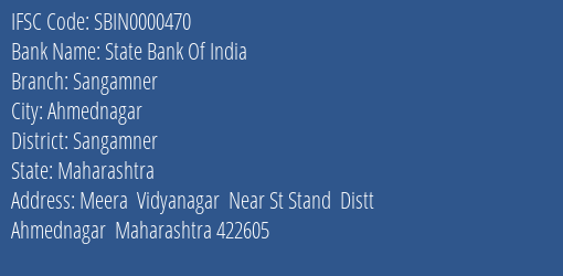State Bank Of India Sangamner Branch Sangamner IFSC Code SBIN0000470