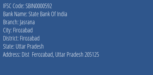 State Bank Of India Jasrana Branch, Branch Code 000592 & IFSC Code SBIN0000592