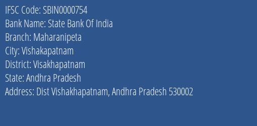 State Bank Of India Maharanipeta Branch Visakhapatnam IFSC Code SBIN0000754