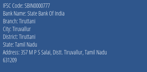 State Bank Of India Tiruttani Branch, Branch Code 000777 & IFSC Code Sbin0000777