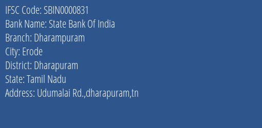 State Bank Of India Dharampuram Branch, Branch Code 000831 & IFSC Code Sbin0000831