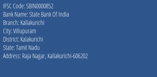 State Bank Of India Kallakurichi Branch, Branch Code 000852 & IFSC Code Sbin0000852