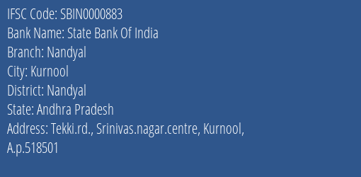 State Bank Of India Nandyal Branch, Branch Code 000883 & IFSC Code SBIN0000883