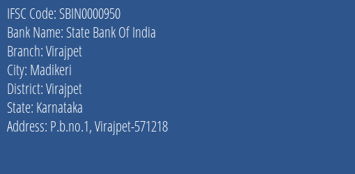 State Bank Of India Virajpet Branch, Branch Code 000950 & IFSC Code Sbin0000950