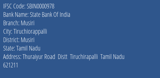State Bank Of India Musiri Branch, Branch Code 000978 & IFSC Code Sbin0000978