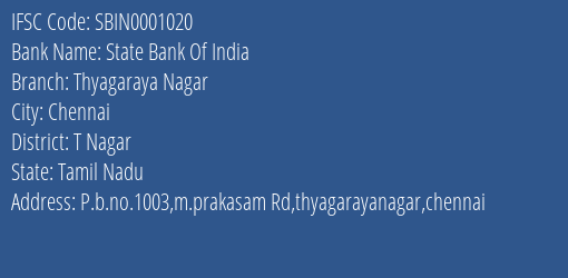 State Bank Of India Thyagaraya Nagar Branch, Branch Code 001020 & IFSC Code Sbin0001020