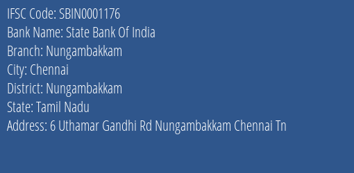 State Bank Of India Nungambakkam Branch, Branch Code 001176 & IFSC Code Sbin0001176