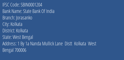 State Bank Of India Jorasanko Branch Kolkata IFSC Code SBIN0001204