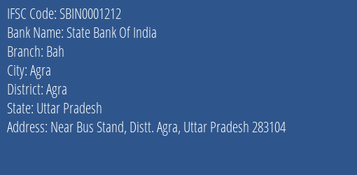 State Bank Of India Bah Branch, Branch Code 001212 & IFSC Code SBIN0001212