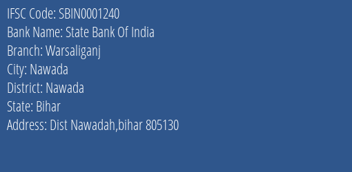 State Bank Of India Warsaliganj Branch, Branch Code 001240 & IFSC Code Sbin0001240