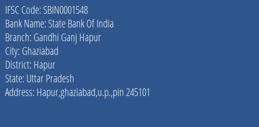 State Bank Of India Gandhi Ganj Hapur Branch, Branch Code 001548 & IFSC Code Sbin0001548