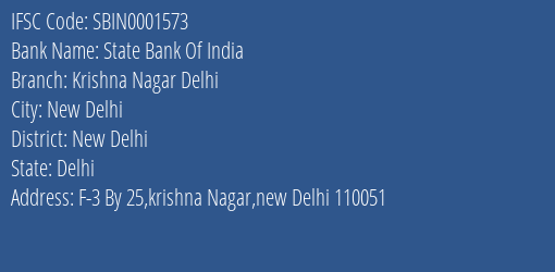 State Bank Of India Krishna Nagar Delhi Branch, Branch Code 001573 & IFSC Code SBIN0001573