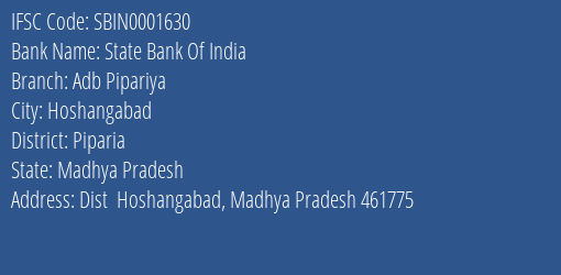 State Bank Of India Adb Pipariya Branch Piparia IFSC Code SBIN0001630