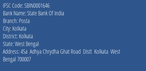 State Bank Of India Posta Branch Kolkata IFSC Code SBIN0001646
