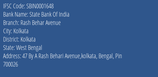 State Bank Of India Rash Behar Avenue Branch Kolkata IFSC Code SBIN0001648