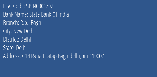 State Bank Of India R.p. Bagh Branch Delhi IFSC Code SBIN0001702