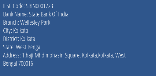 State Bank Of India Wellesley Park Branch Kolkata IFSC Code SBIN0001723