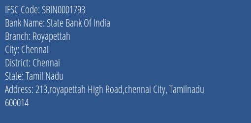 State Bank Of India Royapettah Branch, Branch Code 001793 & IFSC Code Sbin0001793