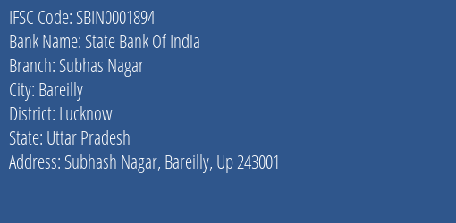 State Bank Of India Subhas Nagar Branch, Branch Code 001894 & IFSC Code SBIN0001894