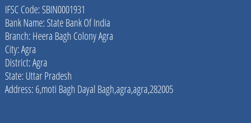 State Bank Of India Heera Bagh Colony Agra Branch, Branch Code 001931 & IFSC Code SBIN0001931