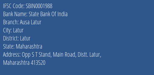 State Bank Of India Ausa Latur Branch, Branch Code 001988 & IFSC Code SBIN0001988