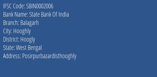 State Bank Of India Balagarh Branch Hoogly IFSC Code SBIN0002006