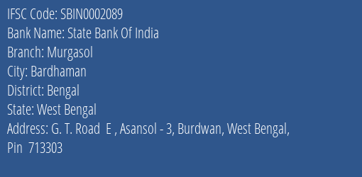 State Bank Of India Murgasol Branch Bengal IFSC Code SBIN0002089