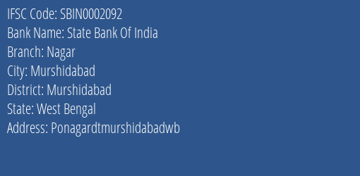 State Bank Of India Nagar Branch Murshidabad IFSC Code SBIN0002092