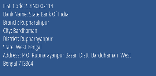 State Bank Of India Rupnarainpur Branch Rupnarayanpur IFSC Code SBIN0002114