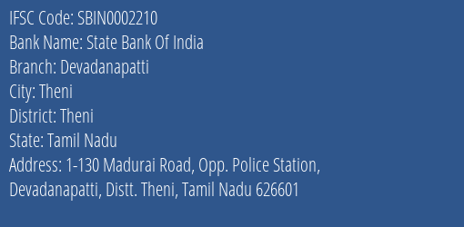 State Bank Of India Devadanapatti Branch, Branch Code 002210 & IFSC Code Sbin0002210