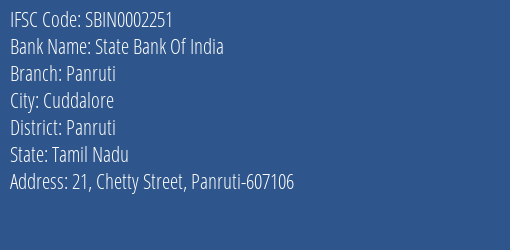 State Bank Of India Panruti Branch, Branch Code 002251 & IFSC Code Sbin0002251