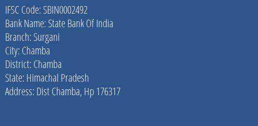 State Bank Of India Surgani Branch Chamba IFSC Code SBIN0002492