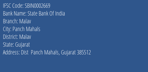 State Bank Of India Malav Branch Malav IFSC Code SBIN0002669