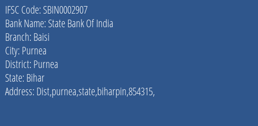 State Bank Of India Baisi Branch, Branch Code 002907 & IFSC Code Sbin0002907