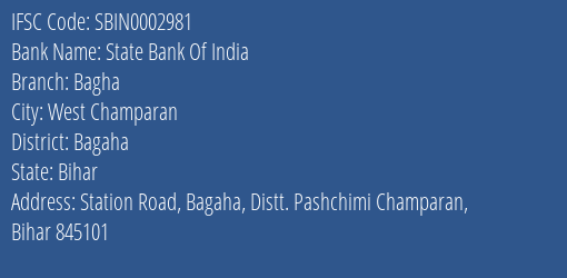 State Bank Of India Bagha Branch, Branch Code 002981 & IFSC Code Sbin0002981