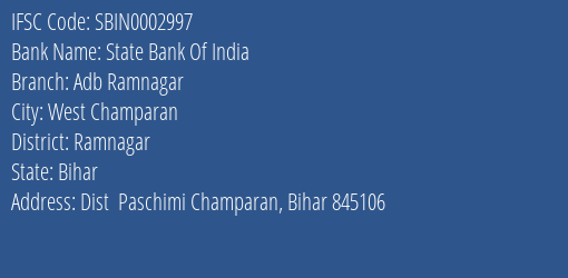 State Bank Of India Adb Ramnagar Branch, Branch Code 002997 & IFSC Code Sbin0002997