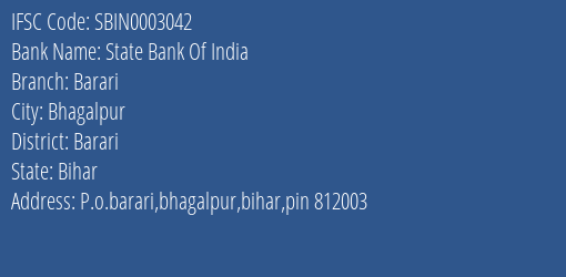 State Bank Of India Barari Branch, Branch Code 003042 & IFSC Code Sbin0003042