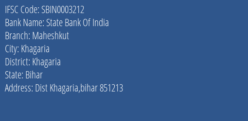 State Bank Of India Maheshkut Branch, Branch Code 003212 & IFSC Code Sbin0003212