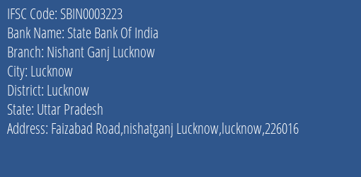 State Bank Of India Nishant Ganj Lucknow Branch, Branch Code 003223 & IFSC Code SBIN0003223