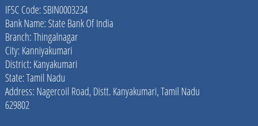State Bank Of India Thingalnagar Branch, Branch Code 003234 & IFSC Code Sbin0003234