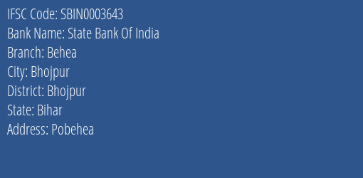 State Bank Of India Behea Branch, Branch Code 003643 & IFSC Code Sbin0003643