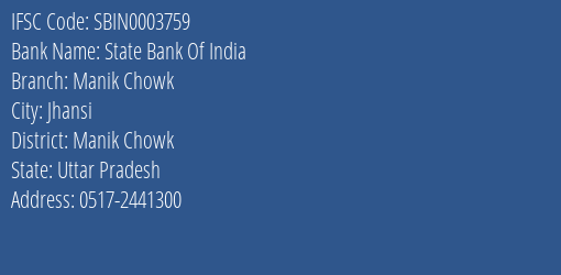 State Bank Of India Manik Chowk Branch Manik Chowk IFSC Code SBIN0003759