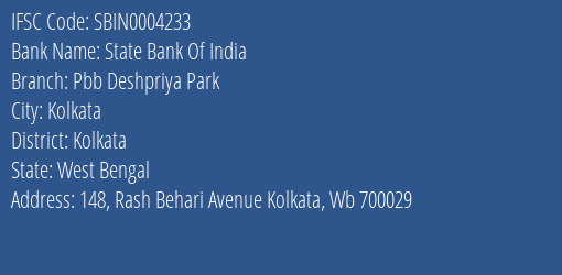 State Bank Of India Pbb Deshpriya Park Branch Kolkata IFSC Code SBIN0004233