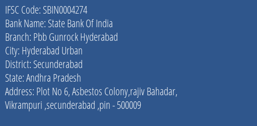 State Bank Of India Pbb Gunrock Hyderabad Branch Secunderabad IFSC Code SBIN0004274
