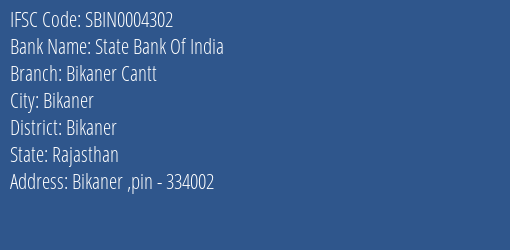 State Bank Of India Bikaner Cantt Branch, Branch Code 004302 & IFSC Code Sbin0004302